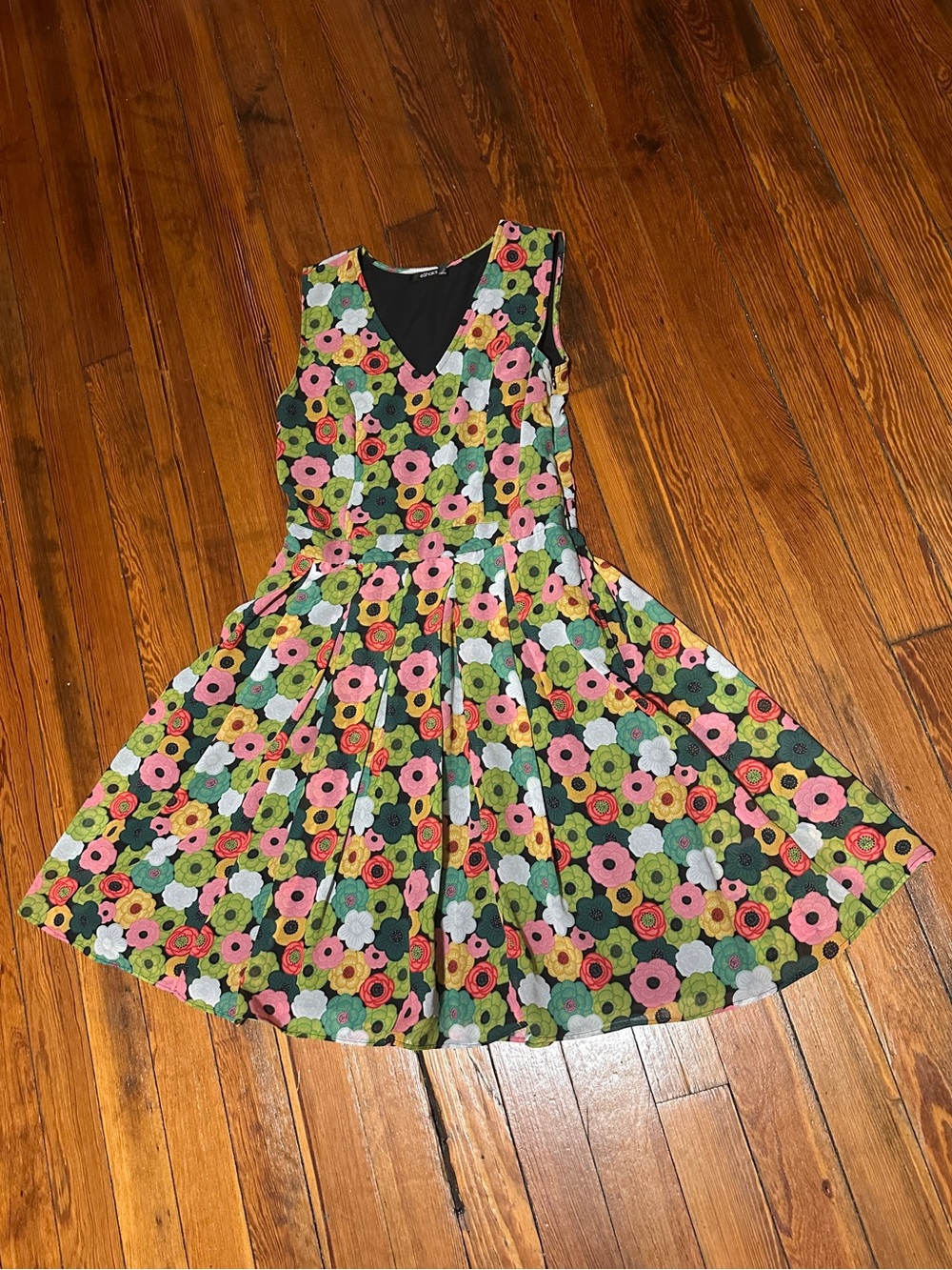 eshakti Floral Fit-and-Flare Dress in Pink, Green, Yellow, Black